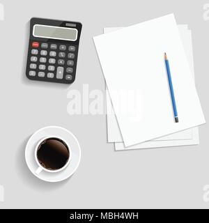 Business Concept. Realistic papers with Pencil and Cup of Coffee on Blue Background. Vector Illustration Stock Vector
