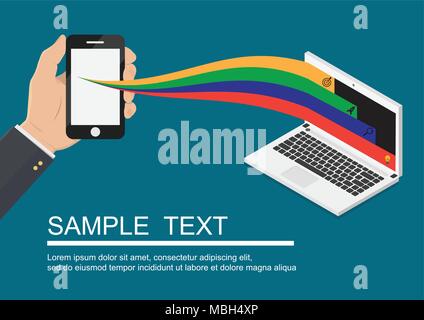 Hand holding smartphone and tablet with send data to laptop. illustration Eps10 Stock Vector
