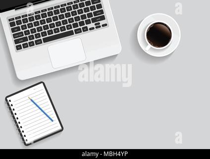 Notebook and office supplies, laying on the table. Vector. Stock Vector