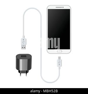 White smartphone with usb charger. Vector illustration Stock Vector
