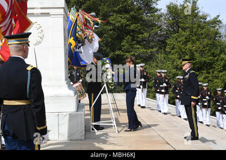 President of Estonia, Kersti Kaljulaid lays a wreath at the Tomb of the Unknown Soldier during an Armed Forces Full Honor Wreath Laying Ceremony in Arlington National Cemetery, Va., April 4, 2018. Stock Photo