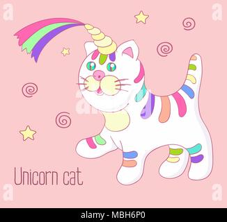 Cute trendy unicorn cat with rainbow horn and colorful stripes for birthday invitation or greeting card Stock Vector
