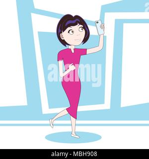 Young Woman In Pink Dress Holding Cell Smart Phone Cartoon Character Stock Vector