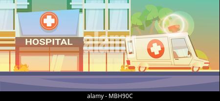 Modern Hospital Building View With Ambulance Car Medical Clinic Concept Stock Vector