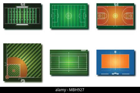 Variety sport fields icon for American football Soccer Basketball Baseball Tennis Volleyball with graphic vector design concept Stock Vector