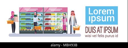 Supermarket Store With Arab People Buy Grocery Products Horizontal Banner With Copy Space Stock Vector