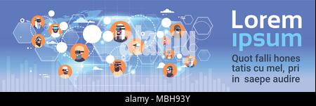 Group Of Muslim Man And Woman In Vr Glasses Virtual Reality Headset Over World Map Background Horizontal Banner Stock Vector