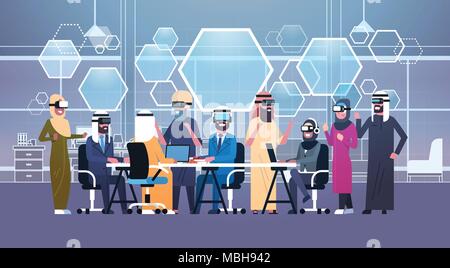 Group Of Arab Business People Wearing 3d Glasses During Meeting In Office Virtual Reality Concept Stock Vector
