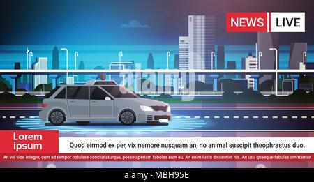 Live News Report With Car Pursuit On Road Over City Background Stock Vector