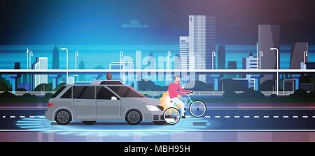 Car Hit Man On Bike On Road Over City Background Crash Accident Stock Vector
