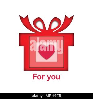 Red present box with Pink heart inside in paper cut concept idea graphic design Stock Vector
