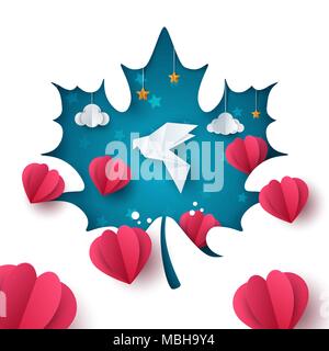 Dove illustraton. Cartoon paper landscape. Cloud, star. Stock Vector