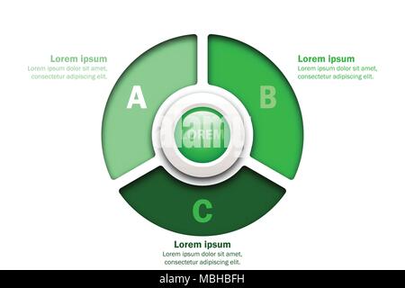 Three topics Green chart in paper cut style with marble circle in center for website presentation cover poster vector design infographic illustration Stock Vector