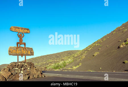 Yaiza, Spain - December 28, 2016: Lanzarote Timanfaya National Park devil sign in Yaiza, Spain. The devil sign was created by Cesar Manrique. Stock Photo