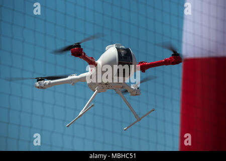 Rome. Roma Drone 2015, Rome Urbe Airport. Drone of the Italian Red Cross in flight. Italy. Stock Photo