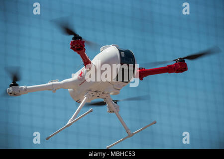 Rome. Roma Drone 2015, Rome Urbe Airport. Drone of the Italian Red Cross in flight. Italy. Stock Photo