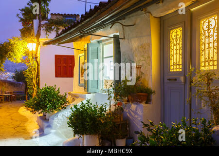 Houses in Anafiotika neighborhood of Athens in Greece. Stock Photo