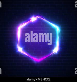 Glowing sign with neon lights on dark brick wall background. 3d hexagon light advertising banner with blank space for text. Electric hexagonal bright lamp frame. Neon tube. Color vector illustration. Stock Vector