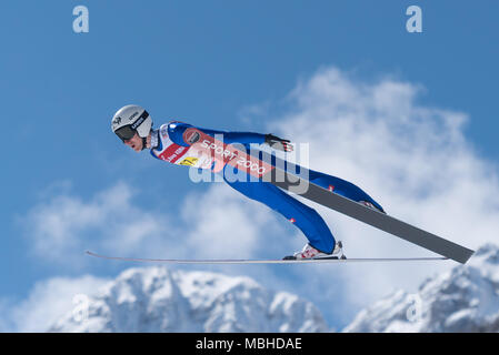 PLANICA, SLOVENIA - MARCH 24 2018 : Fis World Cup Ski Jumping Final - AIGNER Clemens AUT Stock Photo