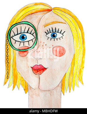 Portrait of girl with monocle. Wtercolor illustration. Stock Photo