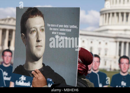 Washington, USA. 10th Apr, 2018. Demonstrators outside the United States Capitol protesting Facebook on the day that Facebook CEO Mark Zuckerberg will testify before Congress on Capitol Hill in Washington, DC on April 10, 2018. Credit: The Photo Access/Alamy Live News Stock Photo