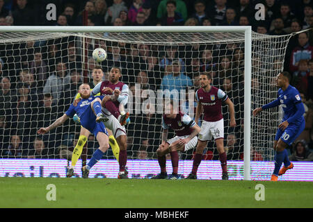 Birmingham, Midlands, UK. 10th April, 2018. Aron Gunnarsson of Cardiff city attempts an overhead shot at goal. EFL Skybet Championship match, Aston Villa v Cardiff City at Villa Park in Birmingham on Tuesday 10th April 2018.  this image may only be used for Editorial purposes. Editorial use only, license required for commercial use. No use in betting, games or a single club/league/player publications. pic by  Andrew Orchard/Andrew Orchard sports photography/Alamy Live news