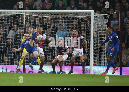 Birmingham, Midlands, UK. 10th April, 2018. Aron Gunnarsson of Cardiff city attempts an overhead shot at goal. EFL Skybet Championship match, Aston Villa v Cardiff City at Villa Park in Birmingham on Tuesday 10th April 2018.  this image may only be used for Editorial purposes. Editorial use only, license required for commercial use. No use in betting, games or a single club/league/player publications. pic by  Andrew Orchard/Andrew Orchard sports photography/Alamy Live news