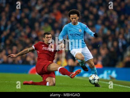 Manchester, UK. 10th Apr, 2018. Liverpool's Dejan Lovren (L) vies with Manchester City's Leroy Sane during the UEFA Champions League quarterfinal second leg soccer match between Manchester City and Liverpool in Manchester, Britain, on April 10, 2018. Liverpool won 5-1 on aggregate and advanced to the semifinal. Credit: Xinhua/Alamy Live News Stock Photo