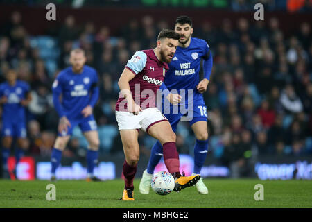 Birmingham, Midlands, UK. 10th April, 2018.Robert Snodgrass of Aston Villa in action. EFL Skybet Championship match, Aston Villa v Cardiff City at Villa Park in Birmingham on Tuesday 10th April 2018.  this image may only be used for Editorial purposes. Editorial use only, license required for commercial use. No use in betting, games or a single club/league/player publications. pic by  Andrew Orchard/Andrew Orchard sports photography/Alamy Live news