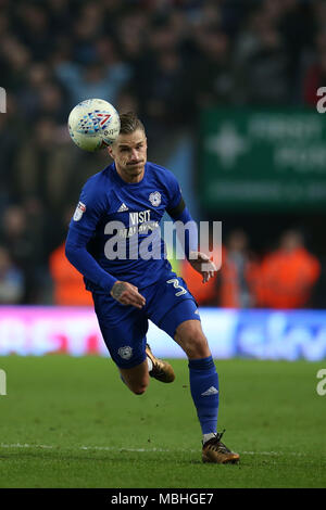 Birmingham, Midlands, UK. 10th April, 2018.Joe Bennett of Cardiff city. EFL Skybet Championship match, Aston Villa v Cardiff City at Villa Park in Birmingham on Tuesday 10th April 2018.  this image may only be used for Editorial purposes. Editorial use only, license required for commercial use. No use in betting, games or a single club/league/player publications. pic by  Andrew Orchard/Andrew Orchard sports photography/Alamy Live news