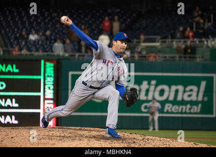 Relief. 8th Apr, 2018. New York Mets relief pitcher Seth Lugo (67) works in the eleventh inning against the Washington Nationals at Nationals Park in Washington, DC on Sunday, April 8, 2018. Lugo pitched three scoreless innings in relief. The Mets won the game 6-5. Credit: Ron Sachs/CNP (RESTRICTION: NO New York or New Jersey Newspapers or newspapers within a 75 mile radius of New York City) - NO WIRE SERVICE - Credit: Ron Sachs/Consolidated/dpa/Alamy Live News Stock Photo