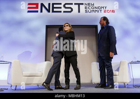 Tokyo, Japan. 11th Apr, 2018. Japanese rock star Yoshiki (C) of X JAPAN attends the New Economy Summit (NEST 2018) on April 11, 2018, Tokyo, Japan. The annual summit is organized by the Japan Association of New Economy (JANE) and global entrepreneurs and innovators will attend to discuss economy and future trends. Credit: Rodrigo Reyes Marin/AFLO/Alamy Live News Stock Photo