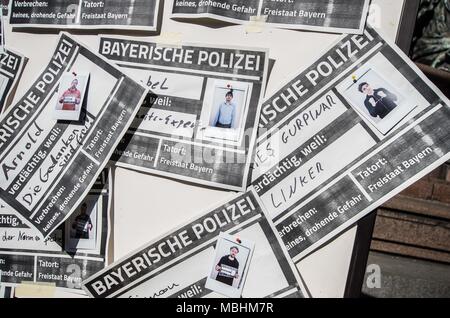 Munich, Bavaria, Germany. 11th Apr, 2018. The Green Party Youth (Gruene Jugend) of Munich, along with 120 members of the SPD, JuSos, Mut Bayern, and die Linke demonstrated against the forthcoming PAG, Police Assignment Laws that give police in Bavaria sweeping secret police-like powers that are alleged to be threats to Germany's model democracy. The CSU party claims the PAG is to protect democracy. The Green Party has threatened complaints based on violations of Germany's Constitution. Credit: ZUMA Press, Inc./Alamy Live News Stock Photo