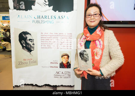 London, Britain. 10th Apr, 2018. Zhou Rong, daughter of Zhou Erliu, takes part in the launching ceremony of her father's book 'My Uncle Zhou Enlai' in London, Britain, on April 10, 2018. The English edition of the memoir of Zhou Enlai, the first premier of the People's Republic of China (PRC), was launched at the 2018 London Book Fair on Wednesday. Credit: Ray Tang/Xinhua/Alamy Live News Stock Photo