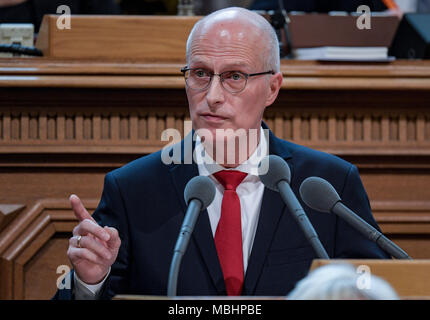 11 April 2018, Germany, Hamburg: Peter Tschentscher (SPD), mayor of Hamburg, speaking at the Hamburg Buergerschaft legislative assembly. Tschentscher gave his first government declaration. Photo: Axel Heimken/dpa Stock Photo