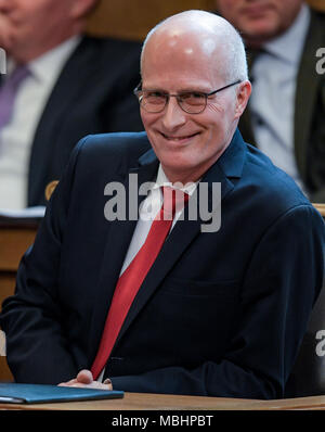 11 April 2018, Germany, Hamburg: Peter Tschentscher (SPD), mayor of Hamburg, sitting on the senate bench in the Hamburg Buergerschaft legislative assembly. Tschentscher gave his first government declaration. Photo: Axel Heimken/dpa Stock Photo