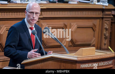 11 April 2018, Germany, Hamburg: Peter Tschentscher (SPD), mayor of Hamburg, speaking at the Hamburg Buergerschaft legislative assembly. Tschentscher gave his first government declaration. Photo: Axel Heimken/dpa Stock Photo