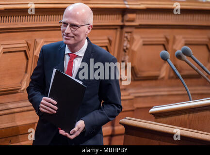 11 April 2018, Germany, Hamburg: Peter Tschentscher (SPD), mayor of Hamburg, leaves the rostrum in the Hamburg Buergerschaft legislative assembly. Tschentscher gave his first government declaration. Photo: Axel Heimken/dpa Stock Photo