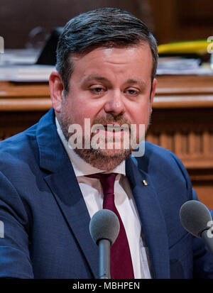 11 April 2018, Germany, Hamburg: Andre Trepoll (CDU), CDU parliamentary group leader in the Hamburg Buergerschaft, speaking at the rostrum during a session of the Hamburg Buergerschaft legislative assembly. Photo: Axel Heimken/dpa Stock Photo