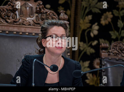 11 April 2018, Germany, Hamburg: Carola Veit (SPD), president of the Hamburg Buergerschaft, smiles during a session of the Hamburg Buergerschaft legislative assembly. Photo: Axel Heimken/dpa Stock Photo