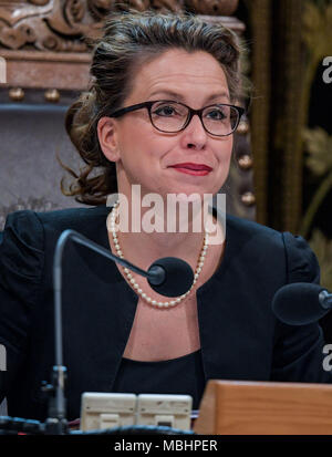 11 April 2018, Germany, Hamburg: Carola Veit (SPD), president of the Hamburg Buergerschaft, smiles during a session of the Hamburg Buergerschaft legislative assembly. Photo: Axel Heimken/dpa Stock Photo