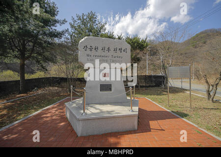 Yeoncheon, GYEONGGI, SOUTH KOREA. 11th Apr, 2018. April 11, 2018-Goyang, South Korea-A View of Jangseung chun battle memoris monument at Cheorwon, South Korea. The JangseungChun Battle was the successful operation conducted from the 22nd to the 23rd of April 1951. It was executed by thte Turkish Army assigned to the 25th division of the U.S. Army. The operation was carried out in the operational area of the 5th division of South Korea today. The Jangseungchun battle is named by citing thte name of Jang Seung Stream which flows through the Dong-mak valley. It is sorrowful, however that 65 die Stock Photo