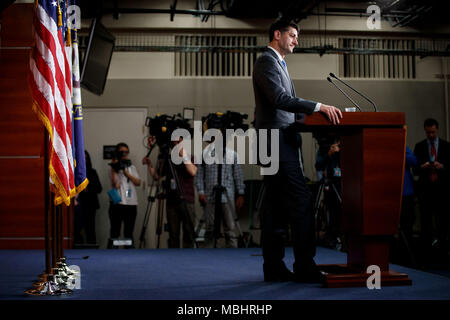 (180411) -- WASHINGTON April. 11, 2018 (Xinhua) -- U.S. House Speaker Paul Ryan announces he will not run for reelection in November but will serve out his term during a press conference in Washington, DC, United States, on April 11, 2018. (Xinhua/Ting Shen)(rh) Credit: Ting Shen)(rh/Xinhua/Alamy Live News Stock Photo