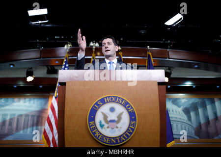 (180411) -- WASHINGTON April. 11, 2018 (Xinhua) -- U.S. House Speaker Paul Ryan announces he will not run for reelection in November but will serve out his term during a press conference in Washington, DC, United States, on April 11, 2018. (Xinhua/Ting Shen)(rh) Credit: Ting Shen)(rh/Xinhua/Alamy Live News Stock Photo