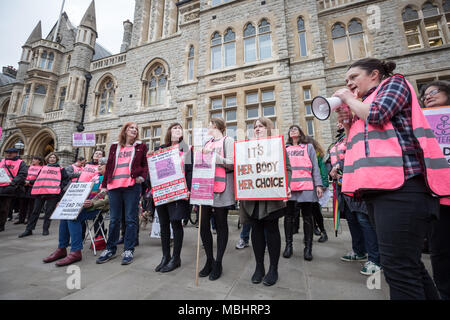 Ealing, West London, UK. 10th April 2018. Sister Supporter Pro-Choice members outside Ealing Town Hall on the day Ealing Council cabinet members voted to decide on the UK's first ever Public Space Protection Order (PSPO) safe zone outside the Marie Stopes health clinic. Credit: Guy Corbishley/Alamy Live News