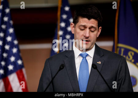 (180411) -- WASHINGTON April. 11, 2018 (Xinhua) -- U.S. House Speaker Paul Ryan announces he will not run for reelection in November but will serve out his term during a press conference in Washington, DC, United States, on April 11, 2018. (Xinhua/Ting Shen)(rh) Credit: Ting Shen)(rh/Xinhua/Alamy Live News Stock Photo