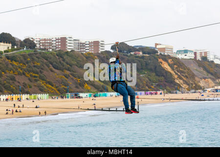 Bournemouth, Dorset, UK. 11th Apr, 2018. Celebrities take on Bournemouth zipline zipwire zip line zip wire ziplining from Bournemouth Pier to the beach. Pier to shore challenge ziplining from the pier to the beach below. Credit: Carolyn Jenkins/Alamy Live News Stock Photo