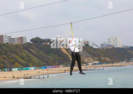 Bournemouth, Dorset, UK. 11th Apr, 2018. Celebrities take on Bournemouth zipline zipwire zip line zip wire ziplining from Bournemouth Pier to the beach. Pier to shore challenge ziplining from the pier to the beach below. Lord Brett McLean Credit: Carolyn Jenkins/Alamy Live News Stock Photo