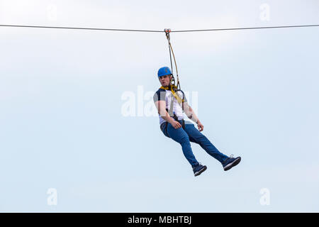 Bournemouth, Dorset, UK. 11th Apr, 2018. Celebrities take on Bournemouth zipline zipwire zip line zip wire ziplining from Bournemouth Pier to the beach. Pier to shore challenge ziplining from the pier to the beach below. Credit: Carolyn Jenkins/Alamy Live News Stock Photo