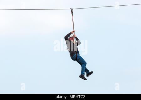 Bournemouth, Dorset, UK. 11th Apr, 2018. Celebrities take on Bournemouth zipline zipwire zip line zip wire ziplining from Bournemouth Pier to the beach. Pier to shore challenge ziplining from the pier to the beach below. Credit: Carolyn Jenkins/Alamy Live News Stock Photo